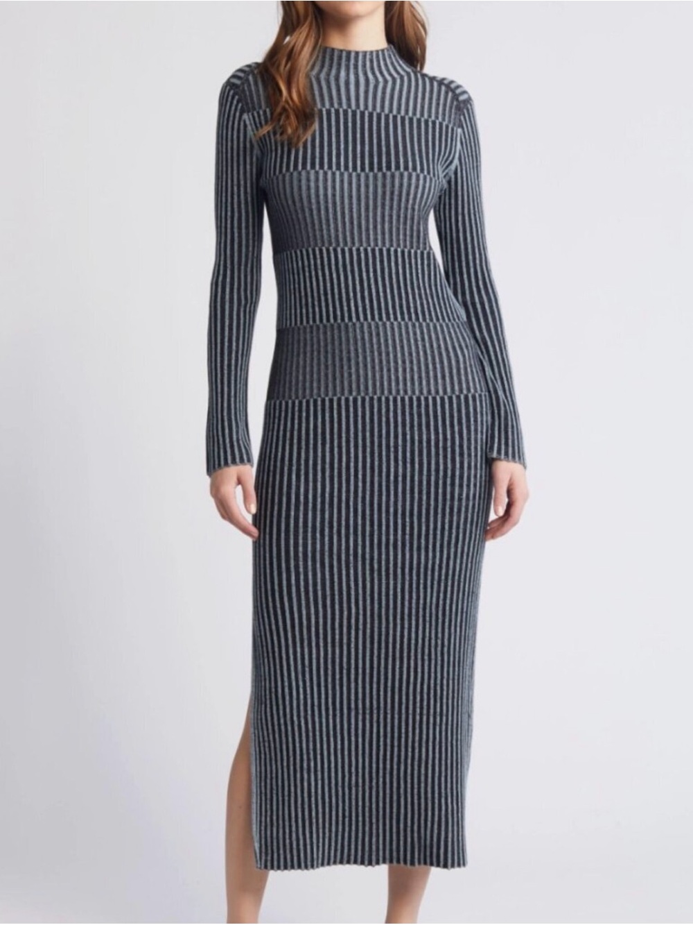 COS Long Sleeve Ribbed Knit Midi Dress in Charcoal Gray